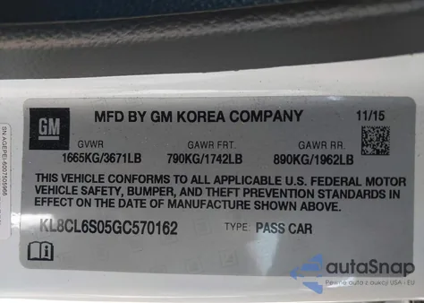 2016 Chevrolet Spark Ev 2Lt из США, поврежденный, VIN KL8CL6S05GC570162